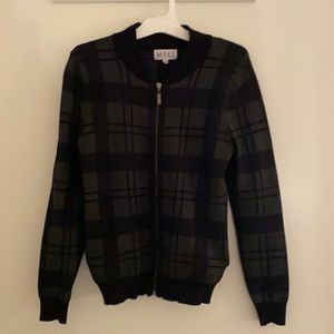 Green and black plaid bomber sweater